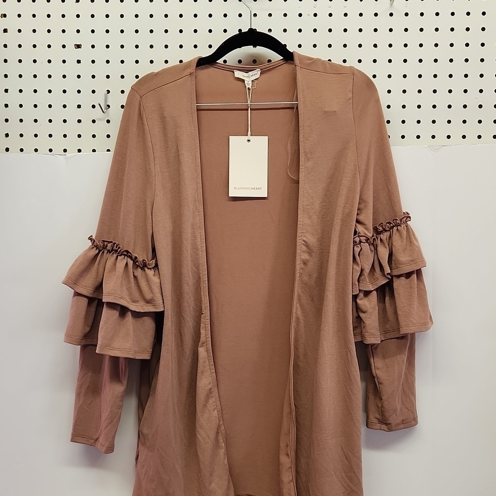 Blushing hearts open front ruffle sleeves light brown NWT